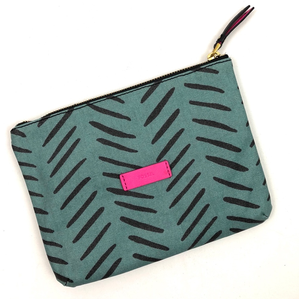 Fossil Teal Canvas Wristlet with Black Print and Hot Pink Accent